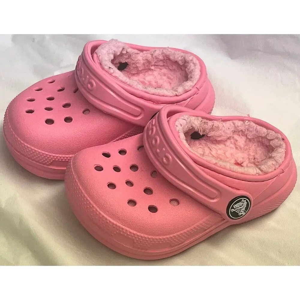 Crocs Classic Lined Clogs Toddler Girls Size C4 Pink Fuzzy Fur Slip On